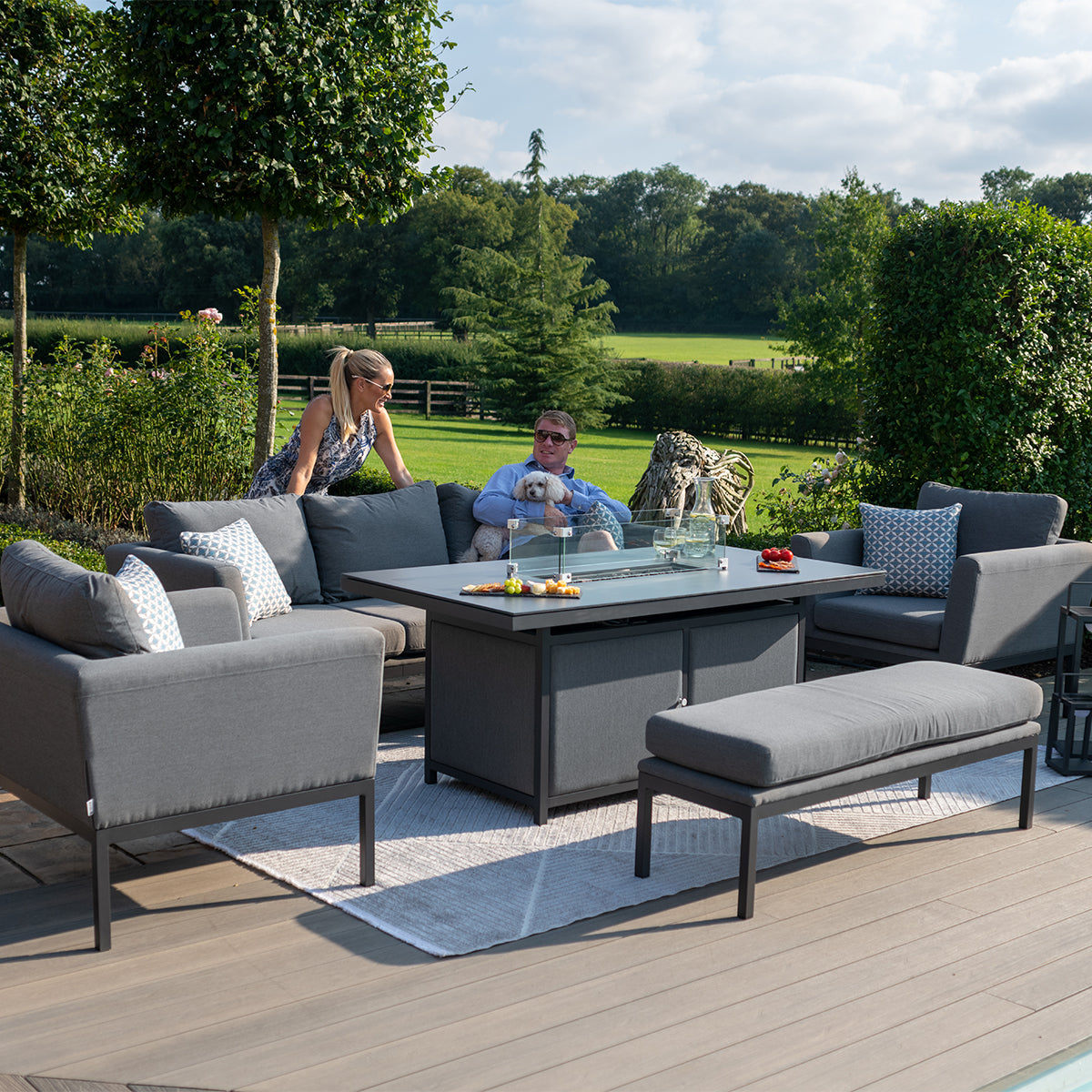 Pulse 3 Seat Sofa Set with Fire Pit Table in Flanelle