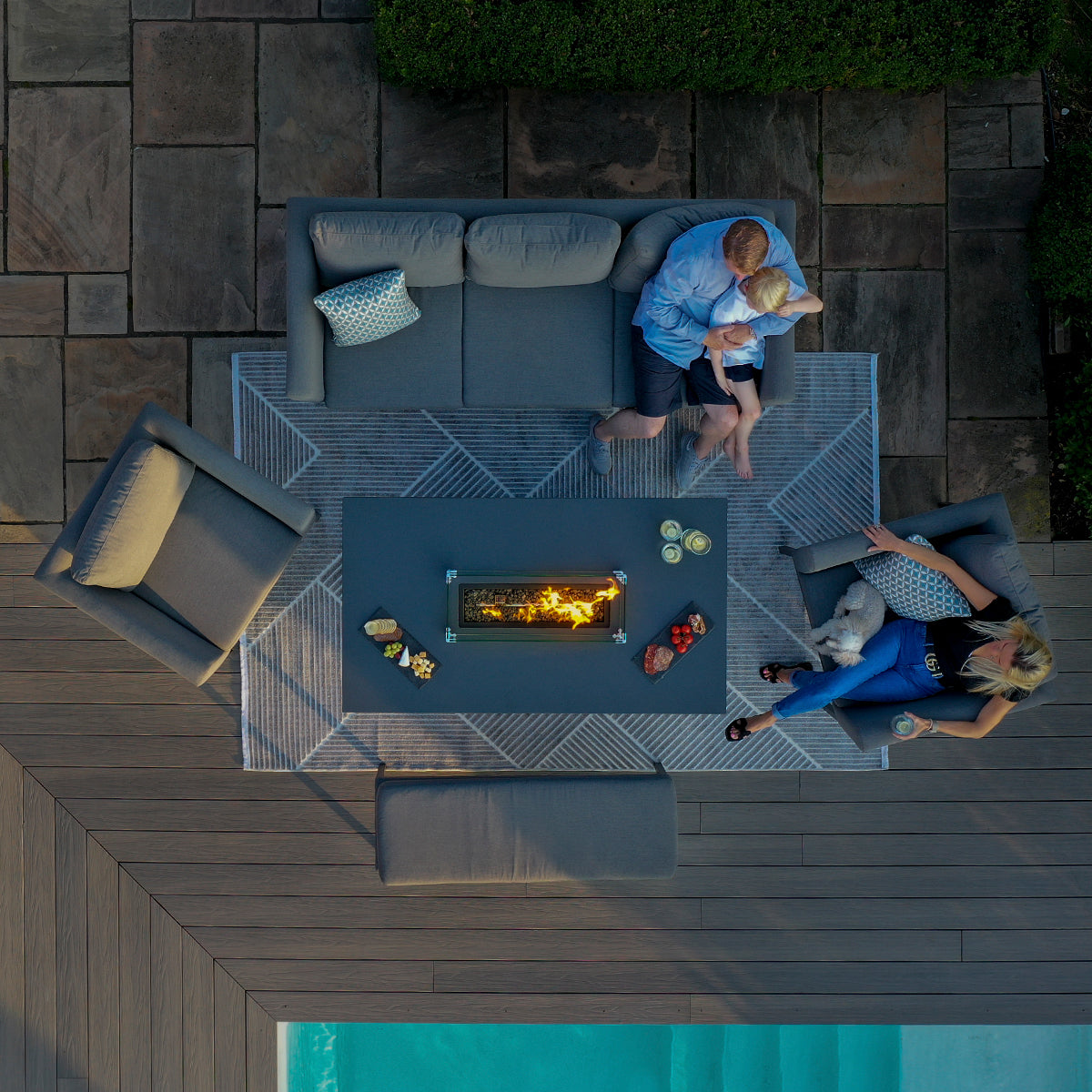 Pulse 3 Seat Sofa Set with Fire Pit Table in Flanelle