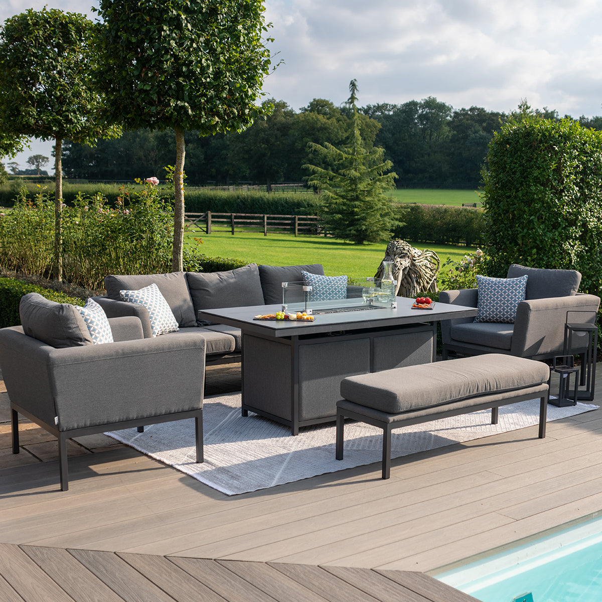 Pulse 3 Seat Sofa Set with Fire Pit Table in Flanelle