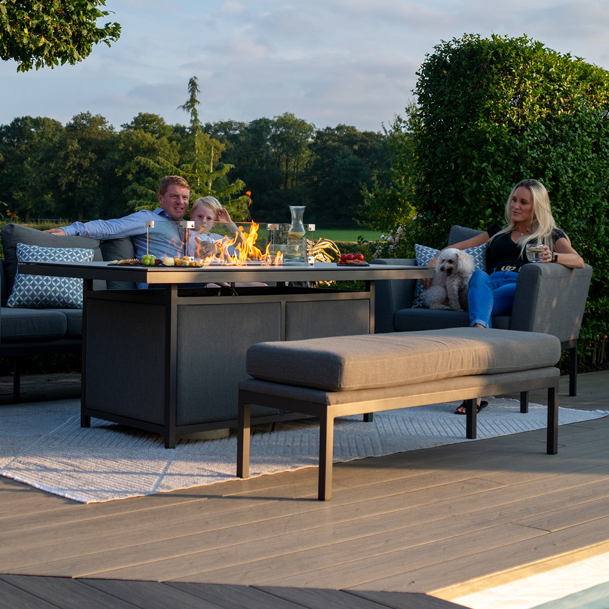 Pulse 3 Seat Sofa Set with Fire Pit Table in Flanelle