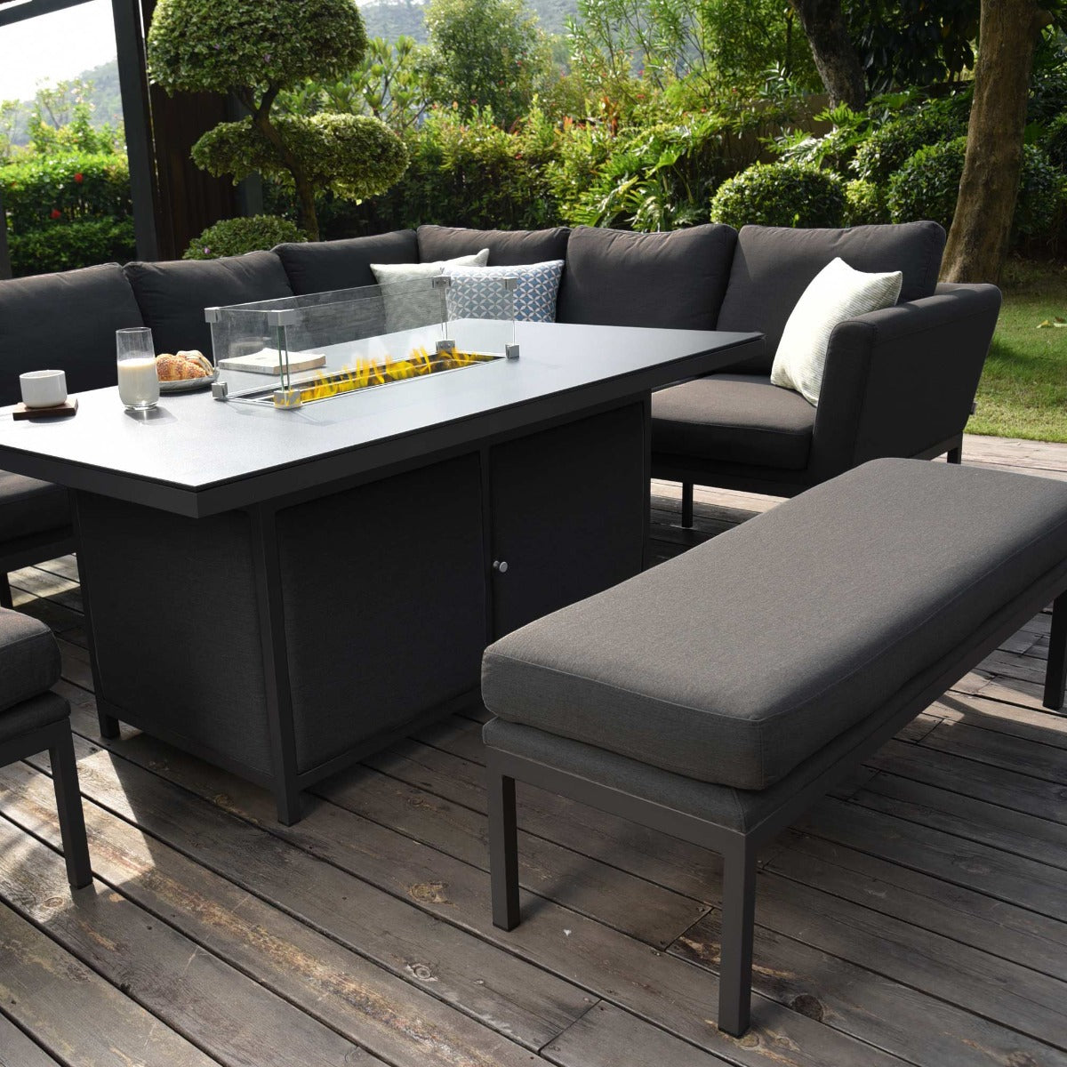 Pulse Left Handed Rectangular Corner Dining Set with Fire Pit in Charcoal