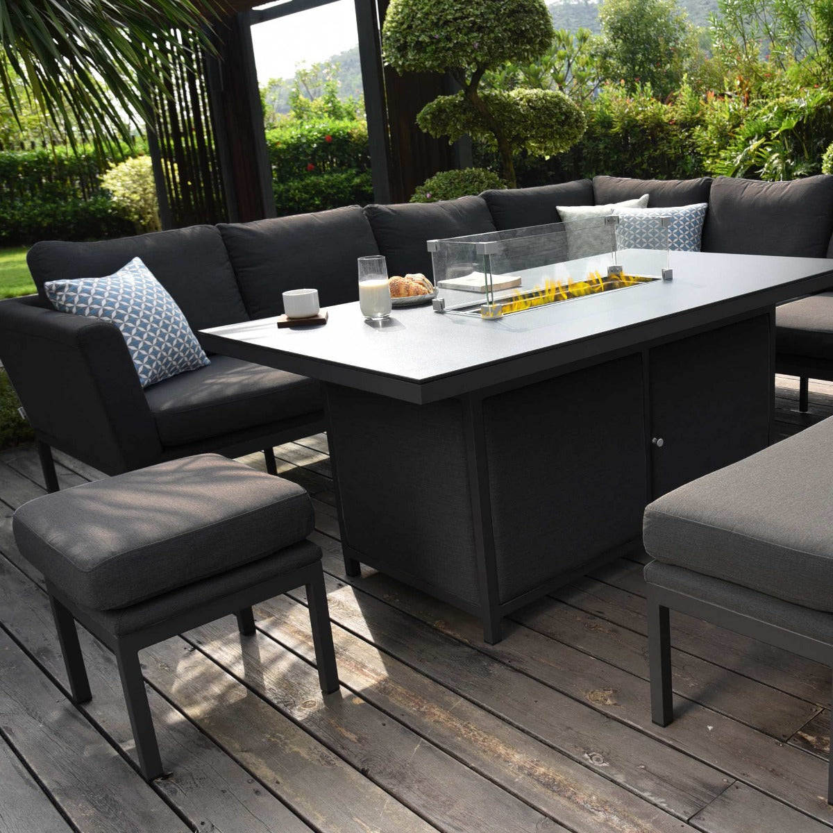 Pulse Left Handed Rectangular Corner Dining Set with Fire Pit in Charcoal