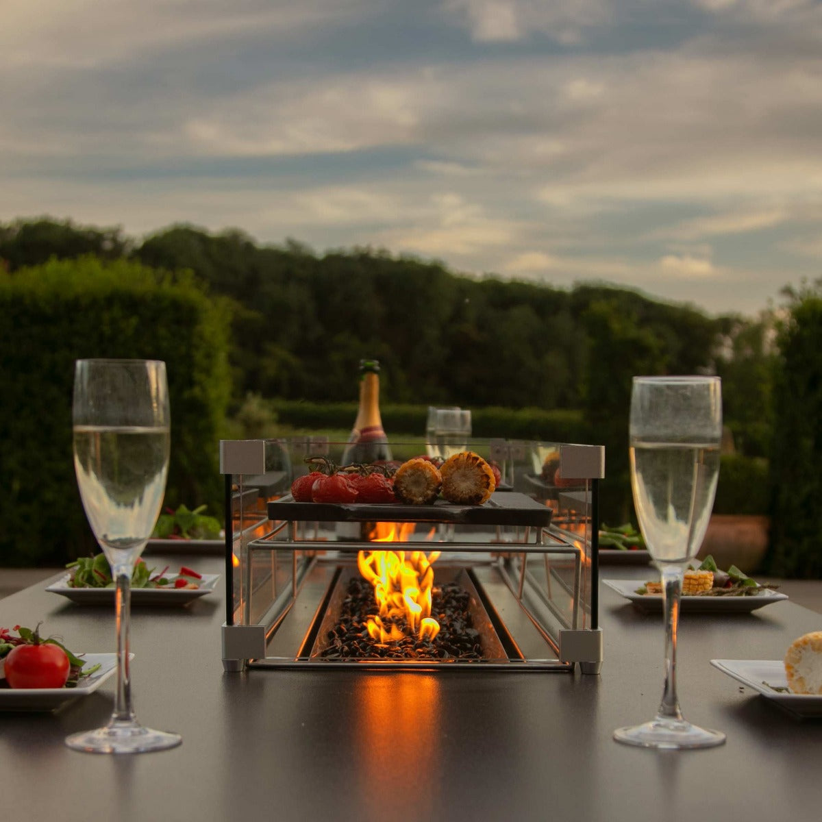 Pulse Rectangular Corner Dining Set - With Fire Pit Table in Charcoal