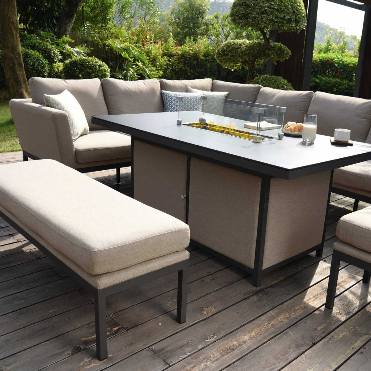 Pulse Rectangular Corner Dining Set - With Fire Pit Table in Taupe