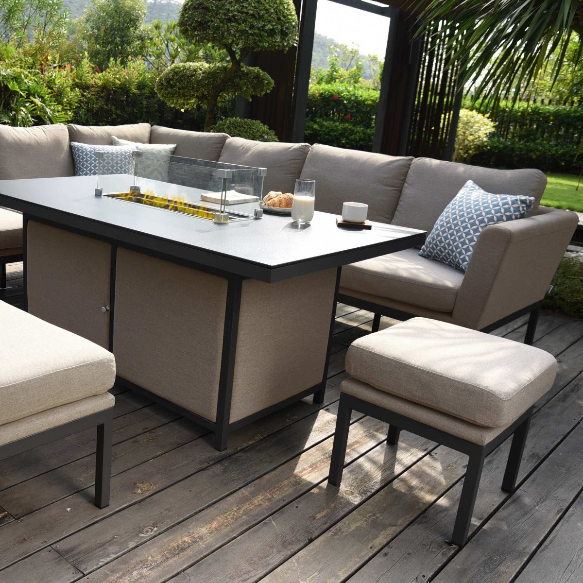 Pulse Rectangular Corner Dining Set - With Fire Pit Table in Taupe