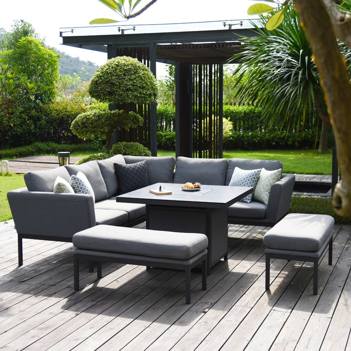 Pulse Square Corner Dining Set - With Fire Pit Table in Flanelle