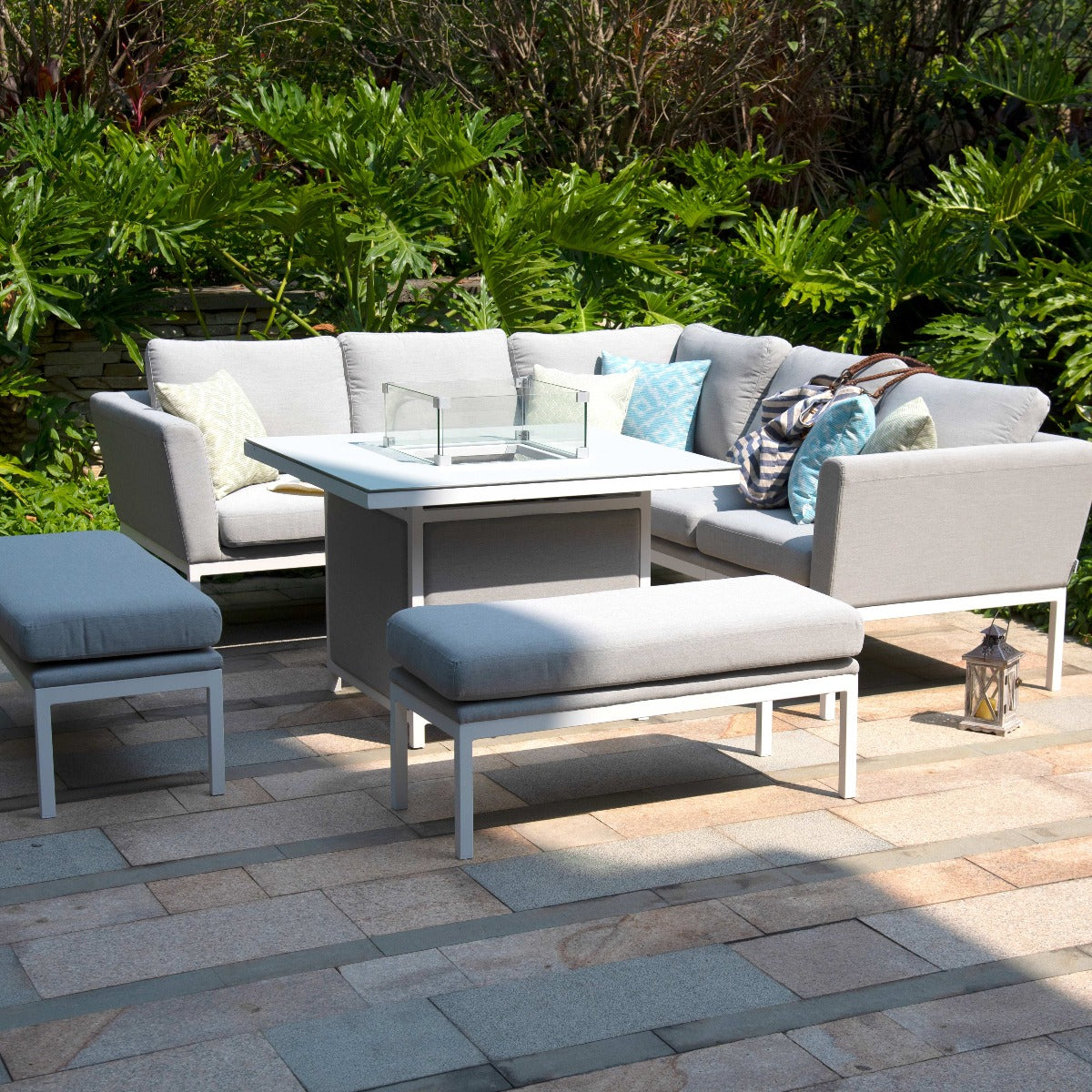 Pulse Square Corner Dining Set - With Fire Pit Table in Lead Chine