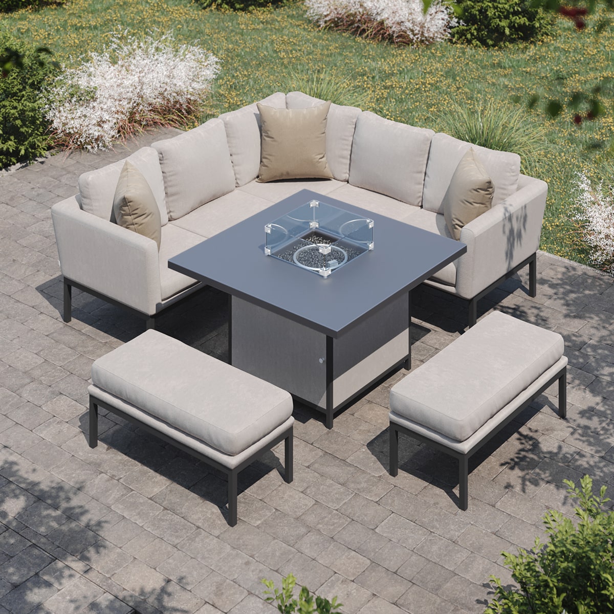 Pulse Square Corner Dining Set - With Fire Pit Table in Oatmeal