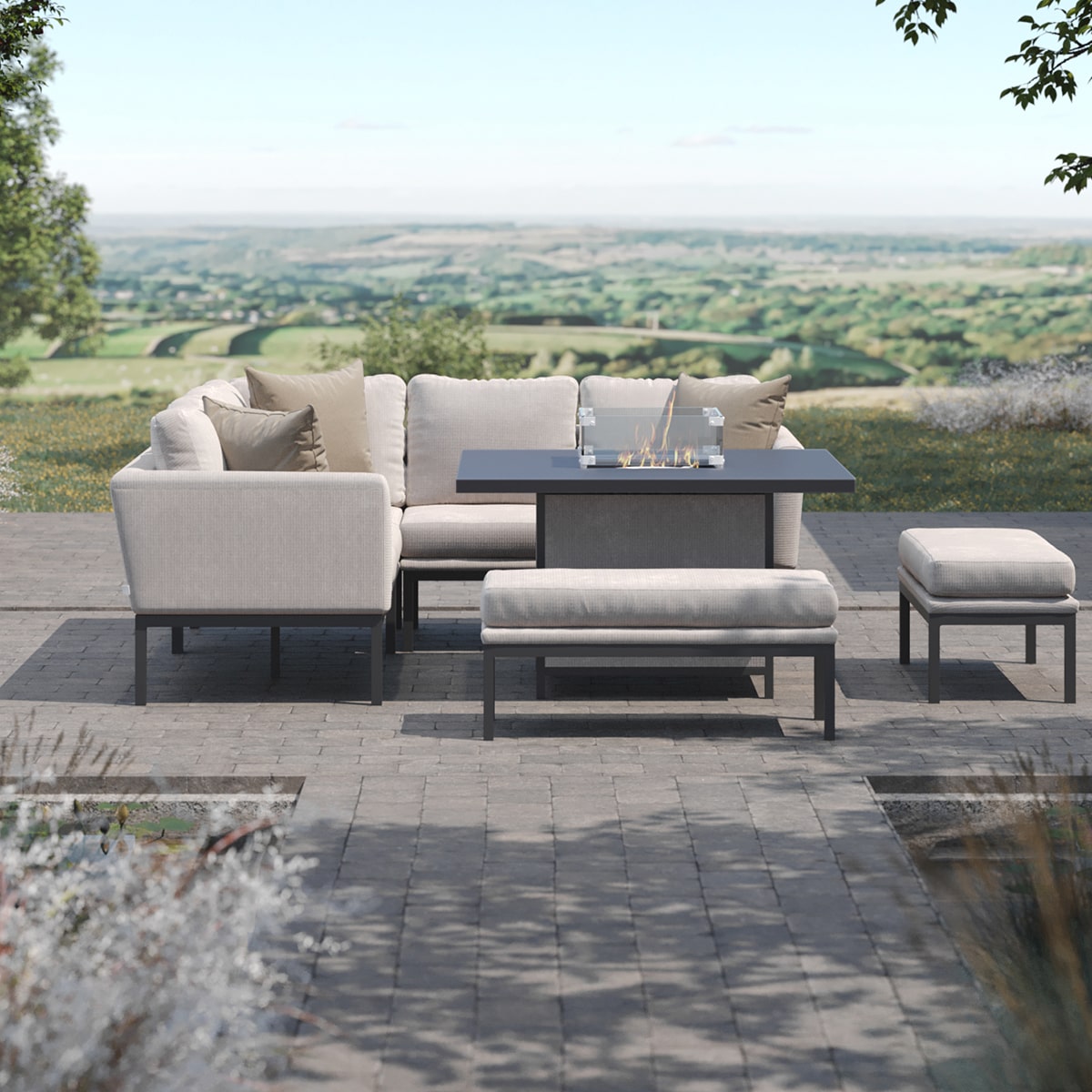 Pulse Square Corner Dining Set - With Fire Pit Table in Oatmeal