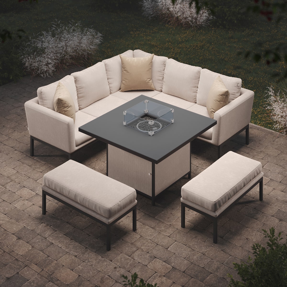 Pulse Square Corner Dining Set - With Fire Pit Table in Oatmeal