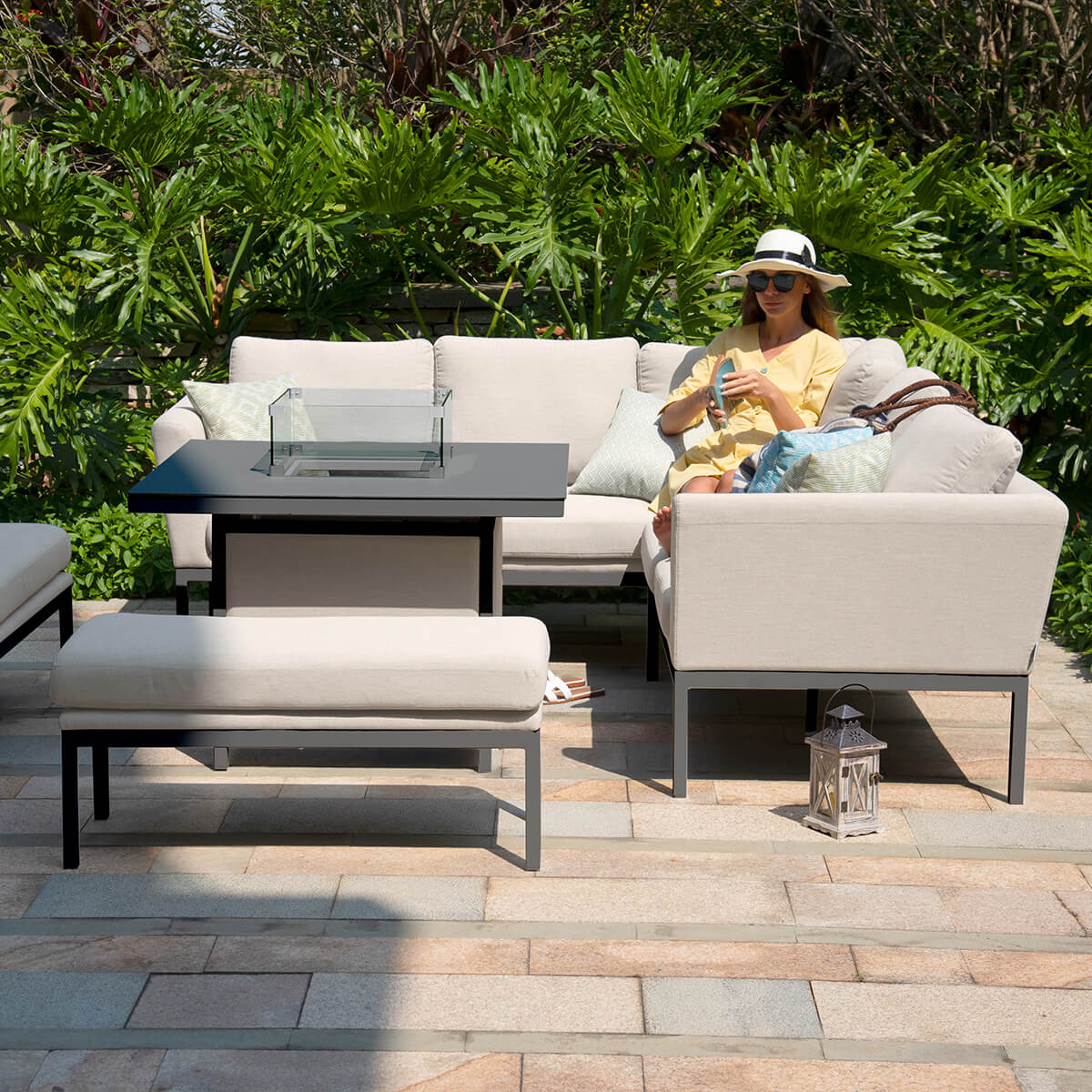 Pulse Square Corner Dining Set - With Fire Pit Table in Oatmeal