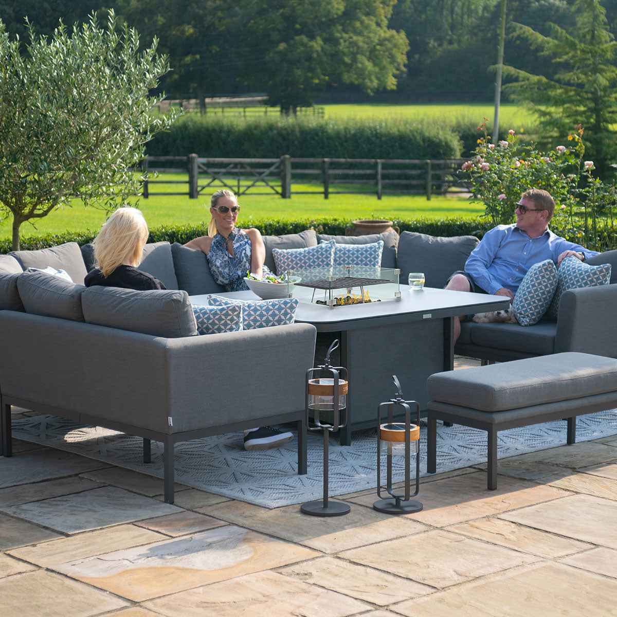 Pulse U Shape Corner Dining Set with Fire Pit Table in Flanelle