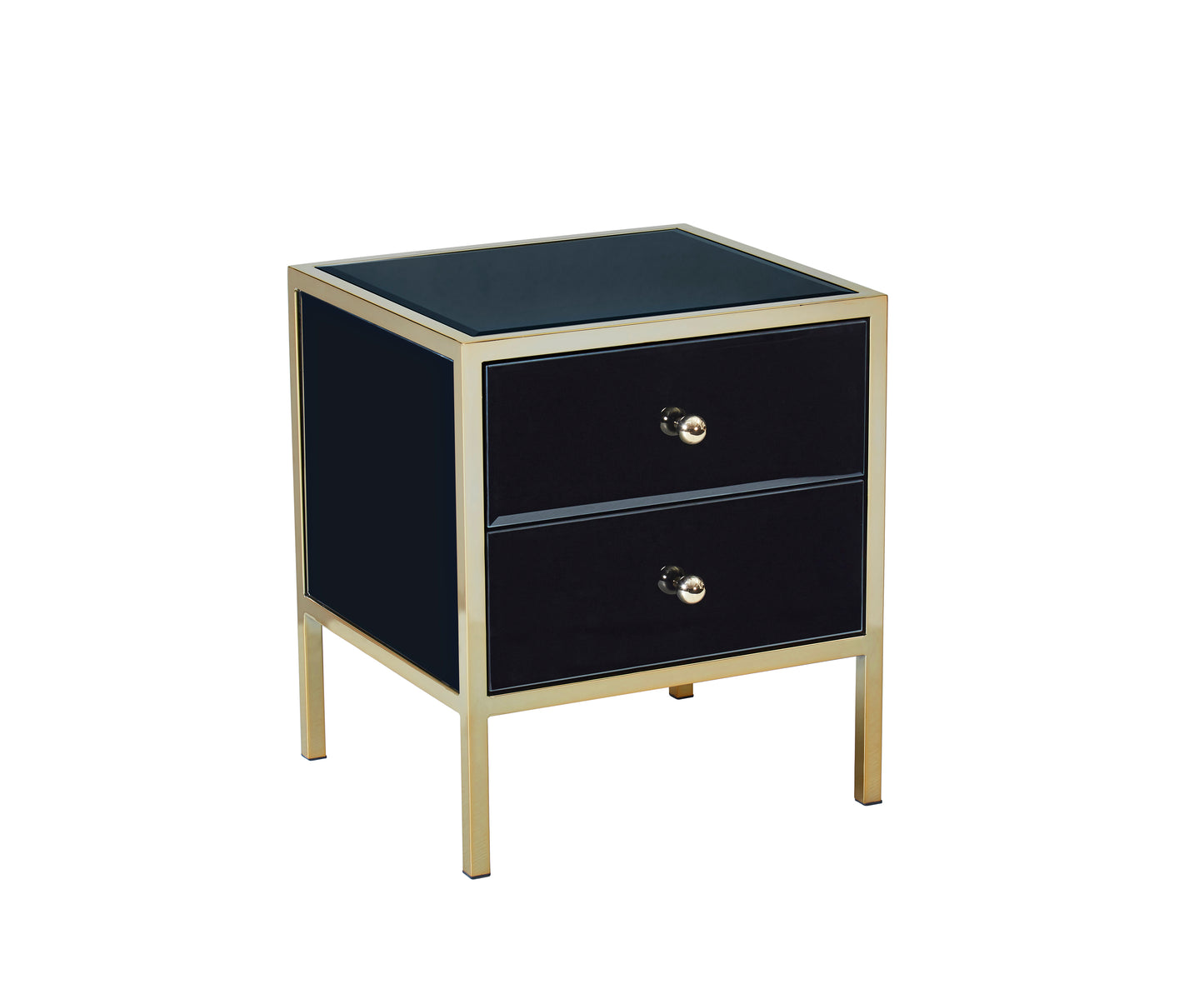 Fenwick 2 Drawer Bedside Table - Black & Gold with Bevelled Glass