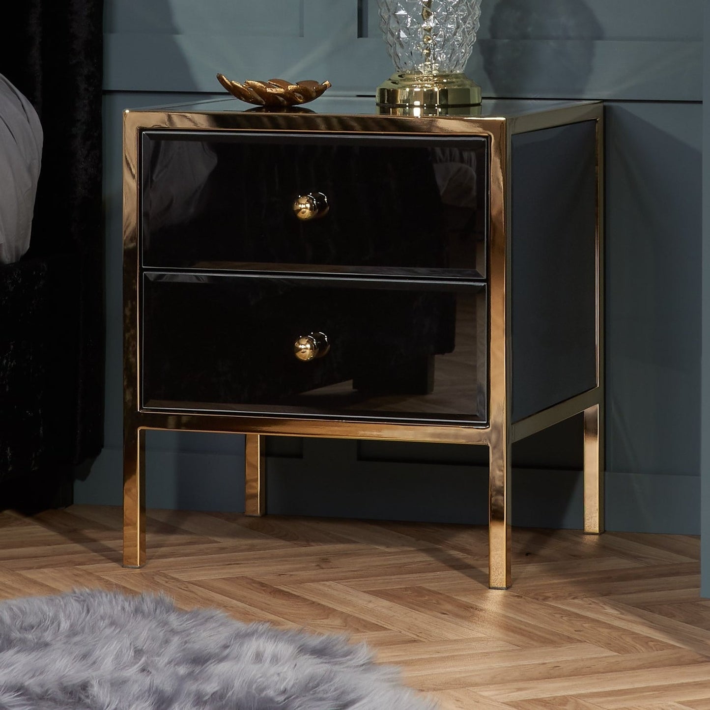 Fenwick 2 Drawer Bedside Table - Black & Gold with Bevelled Glass