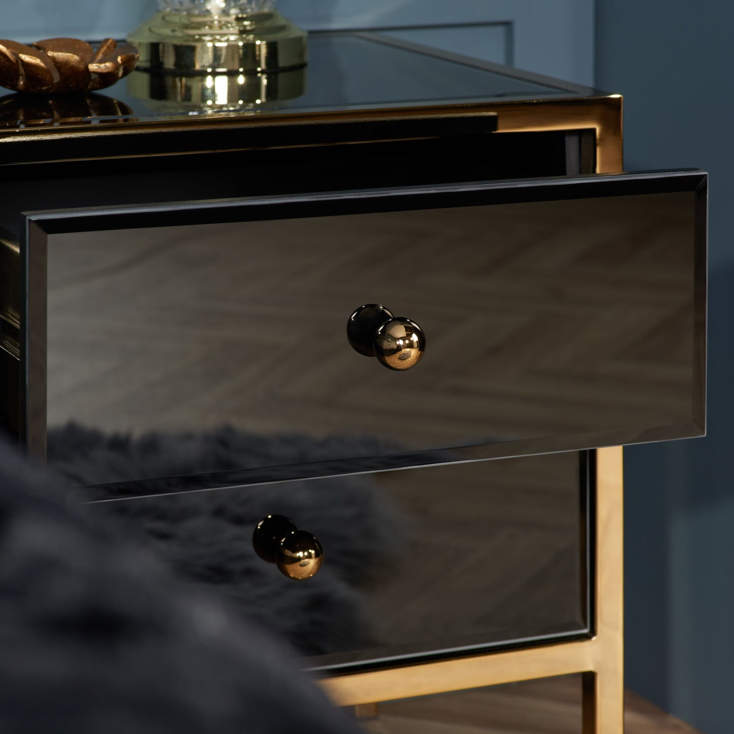 Fenwick 2 Drawer Bedside Table - Black & Gold with Bevelled Glass