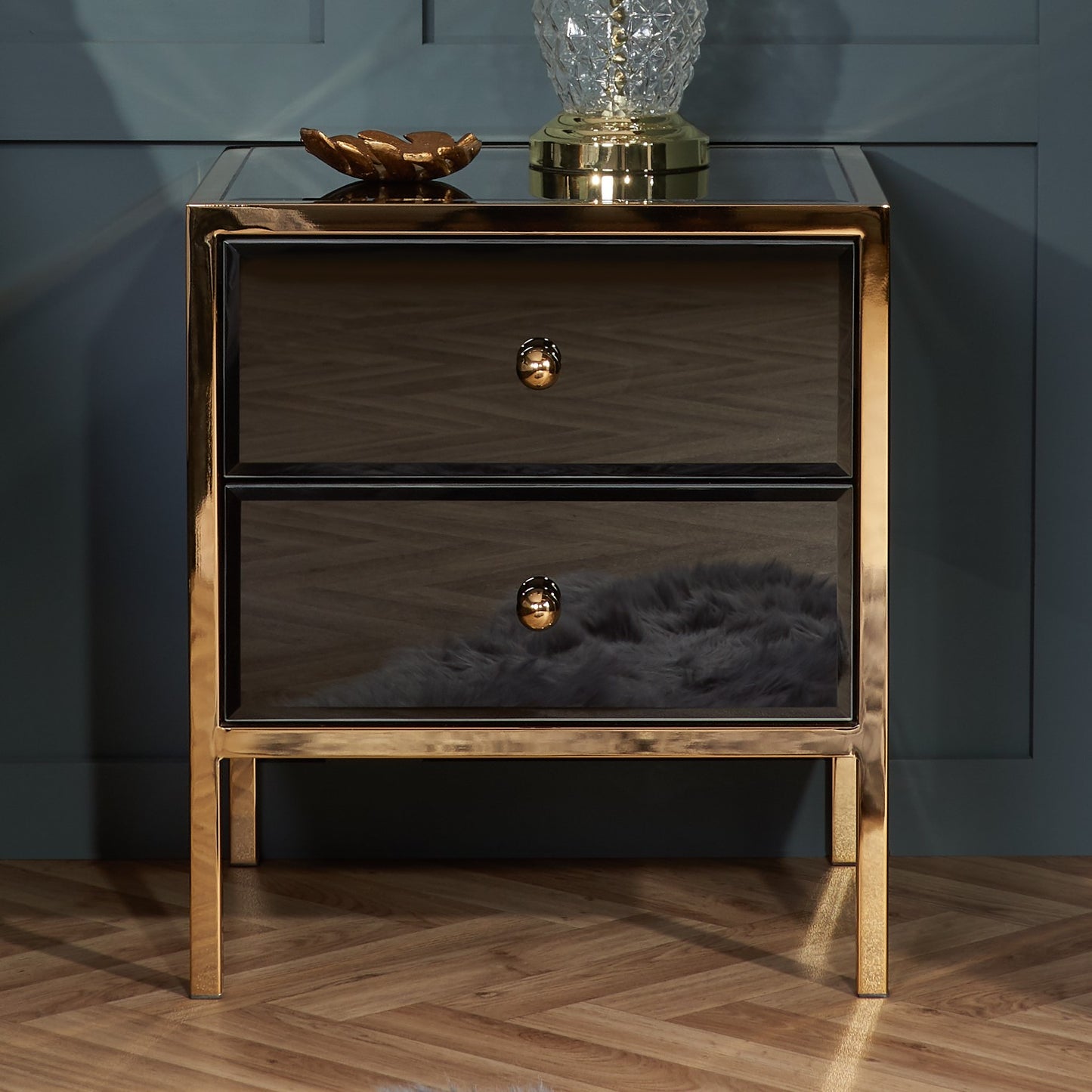 Fenwick 2 Drawer Bedside Table - Black & Gold with Bevelled Glass