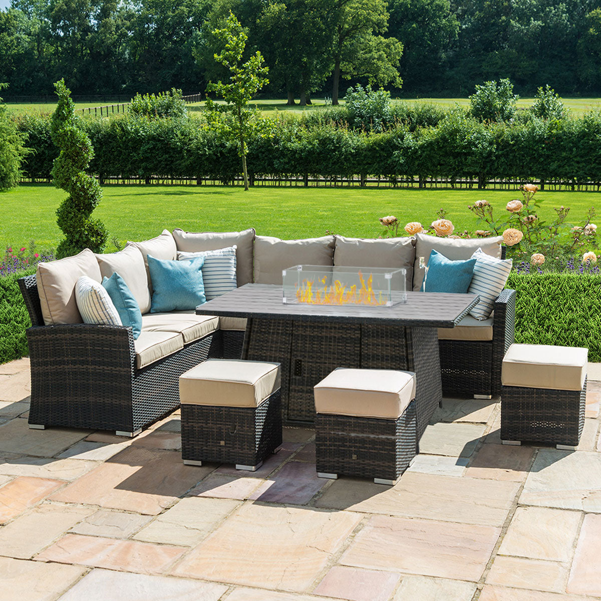 Kingston Corner Dining Set with Fire Pit in Brown