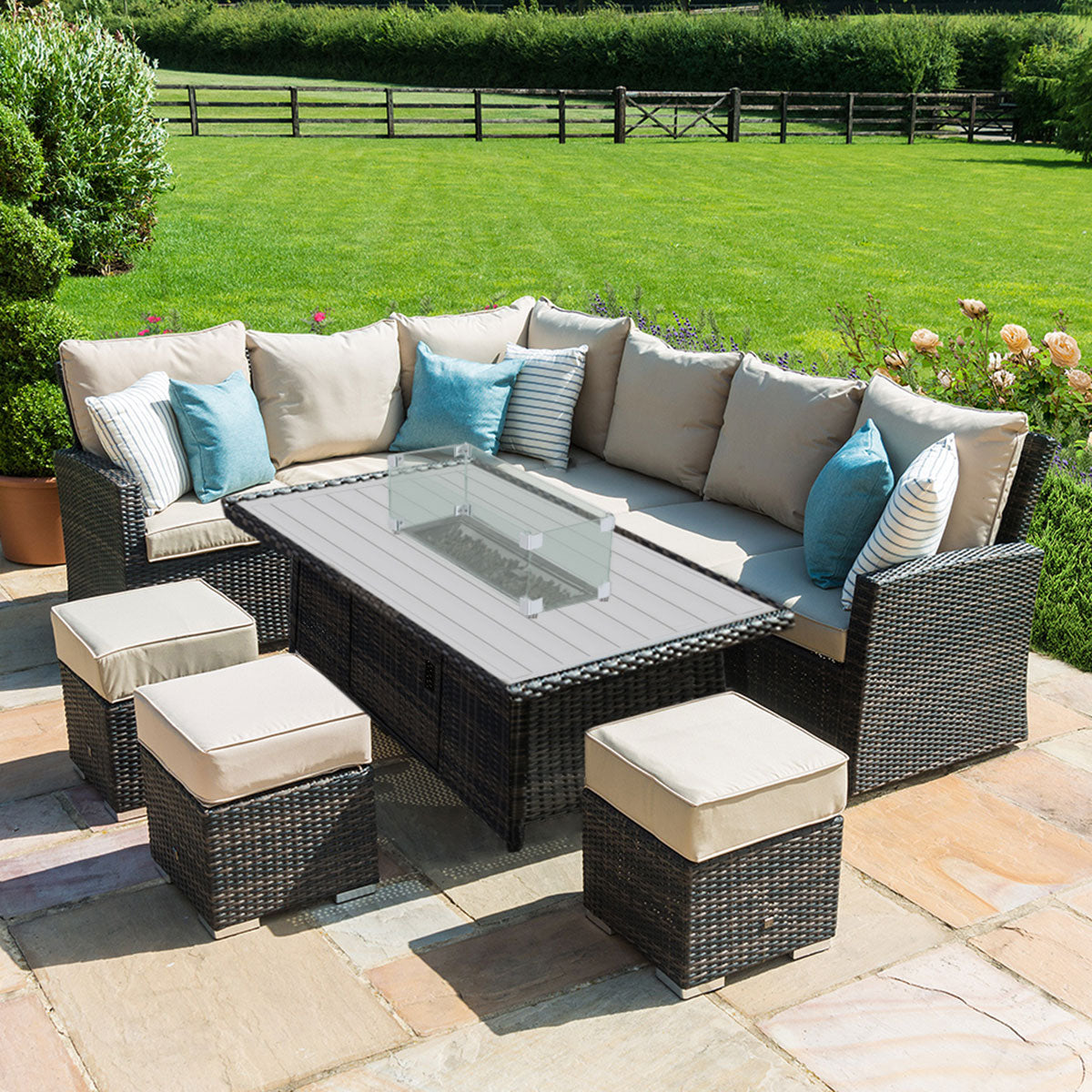 Kingston Corner Dining Set with Fire Pit in Brown