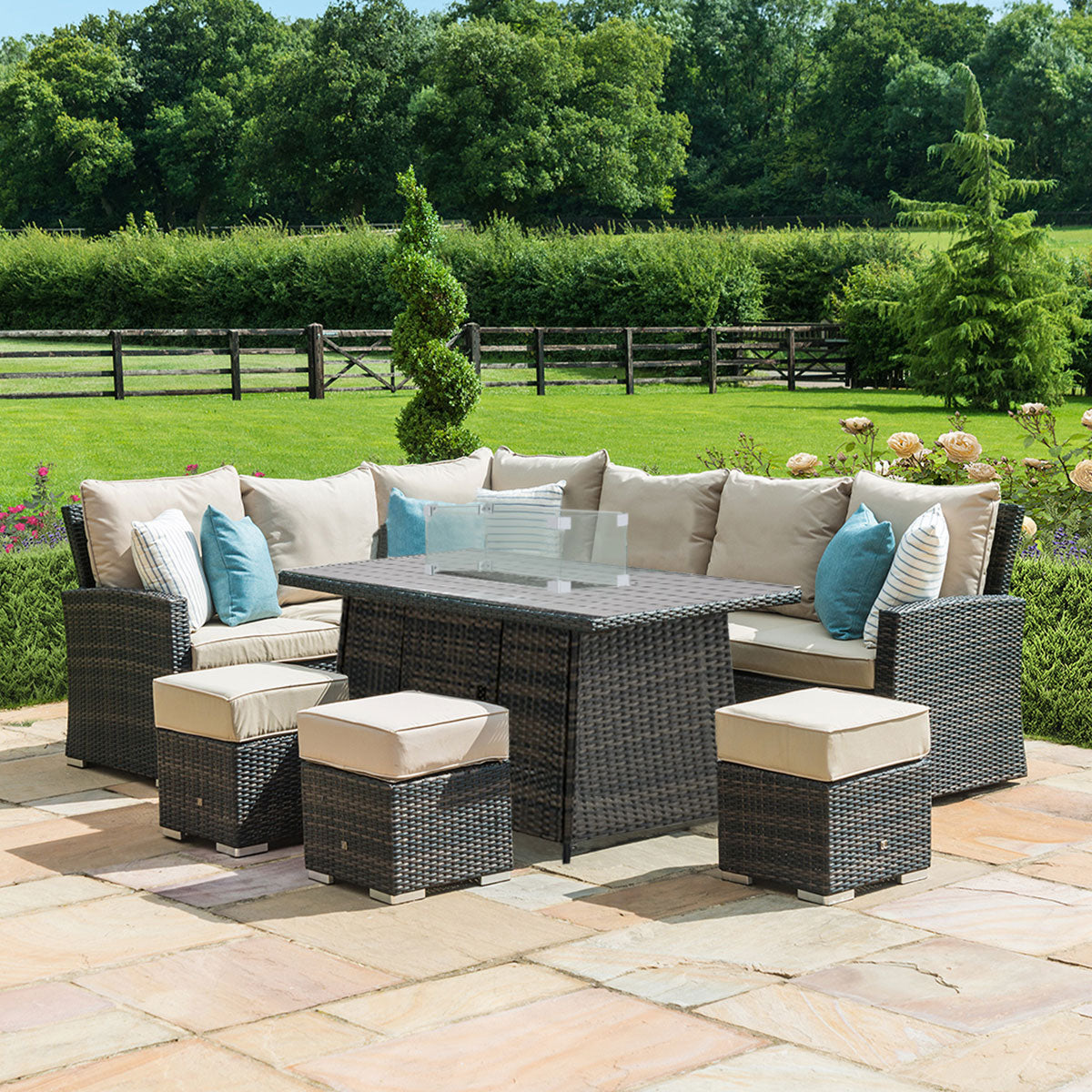 Kingston Corner Dining Set with Fire Pit in Brown