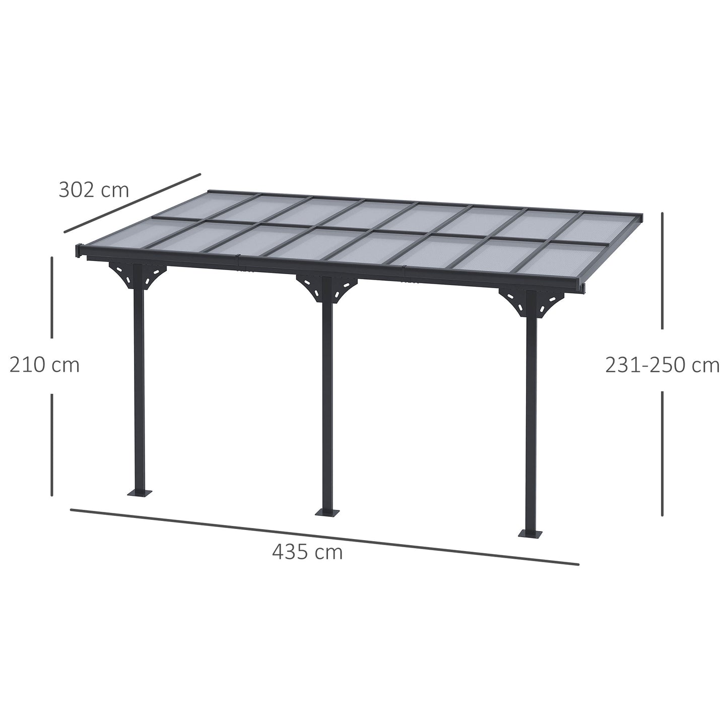 Outsunny 4.35 x 3m Outdoor Wall-Mounted Aluminium Pergola With PC Roof in Grey