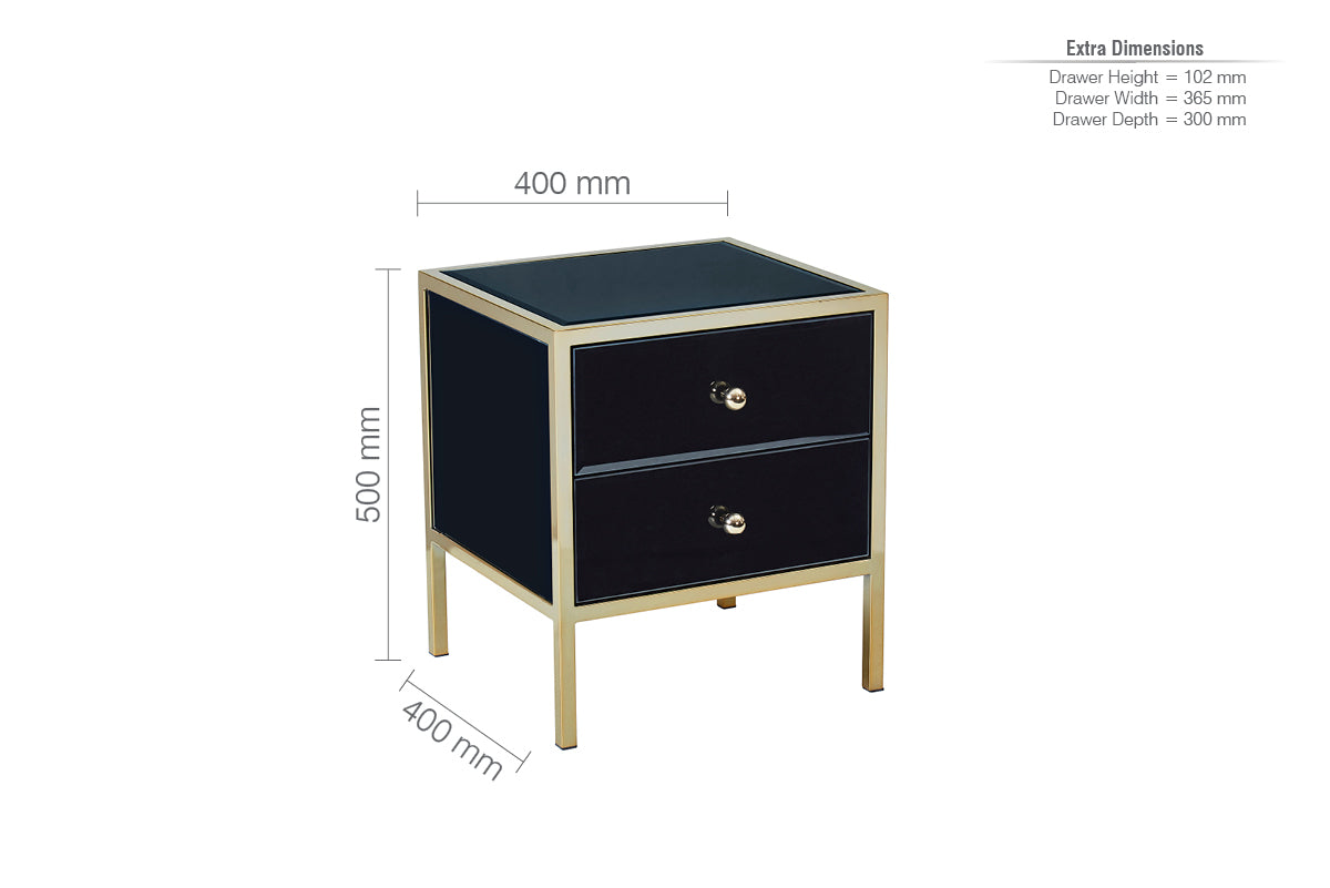 Fenwick 2 Drawer Bedside Table - Black & Gold with Bevelled Glass