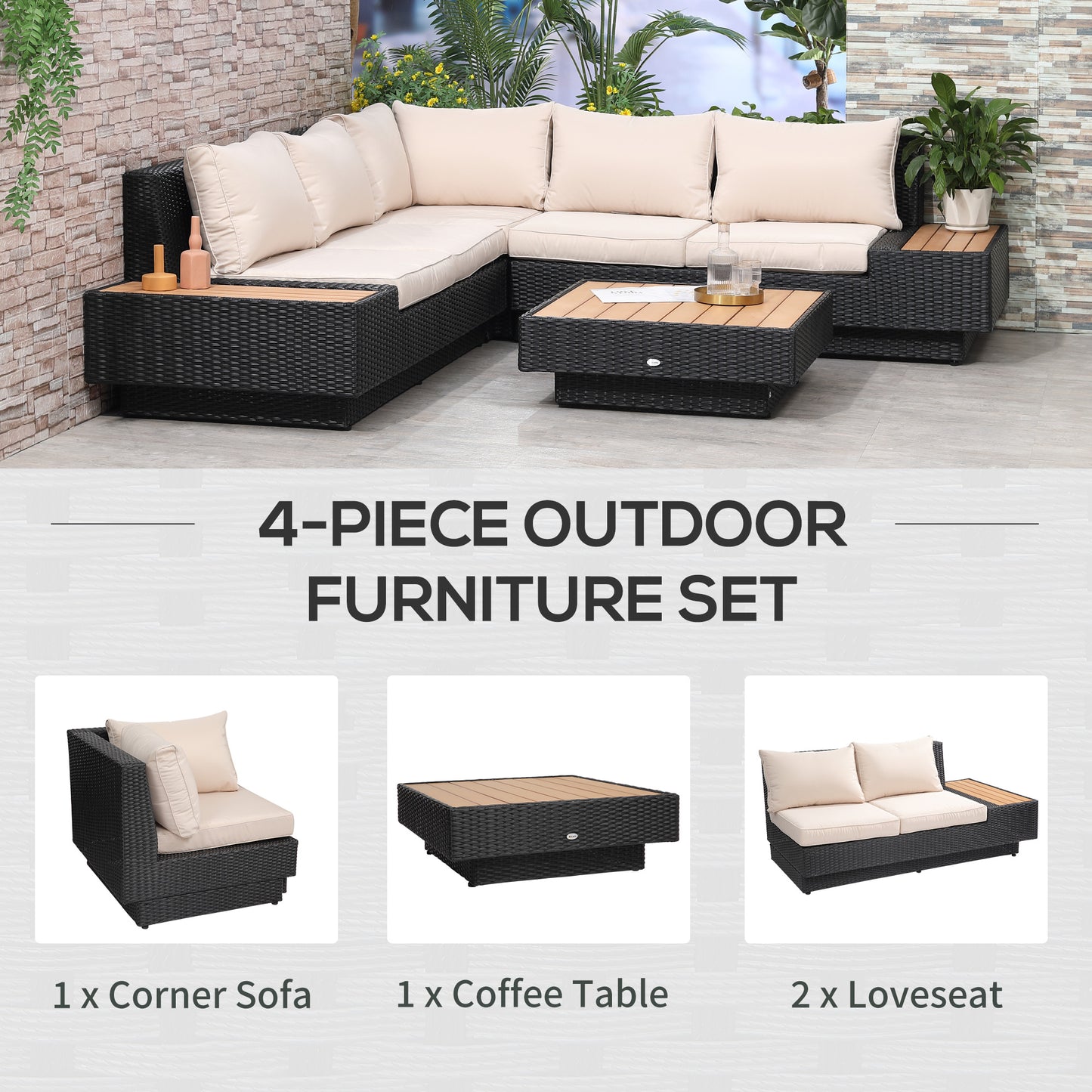 Outsunny 4-Piece Outdoor Rattan Sectional Corner Sofa Set: with Coffee Table in Black and Beige