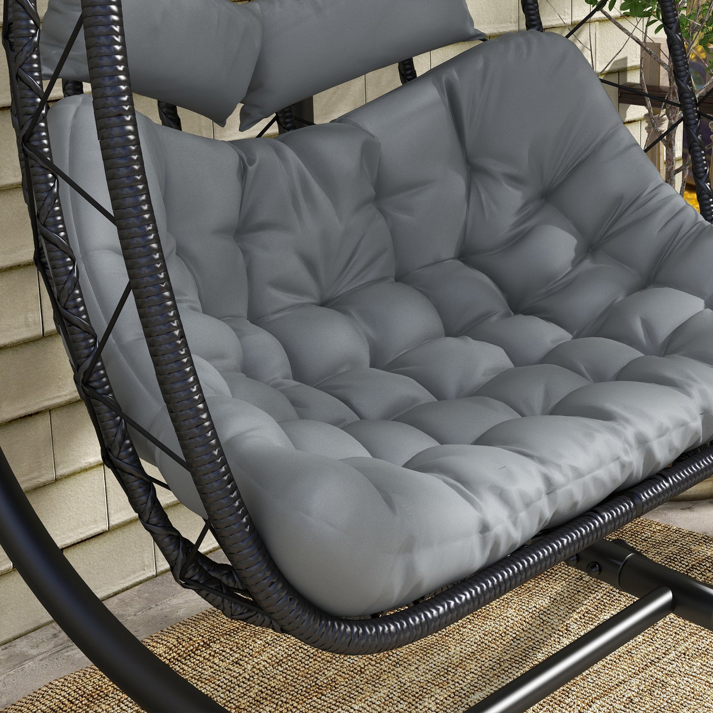 Outsunny Rattan Double Seater Swing Chair: Egg Hanging Chair with Thick Padded Cushion & Headrest in Black