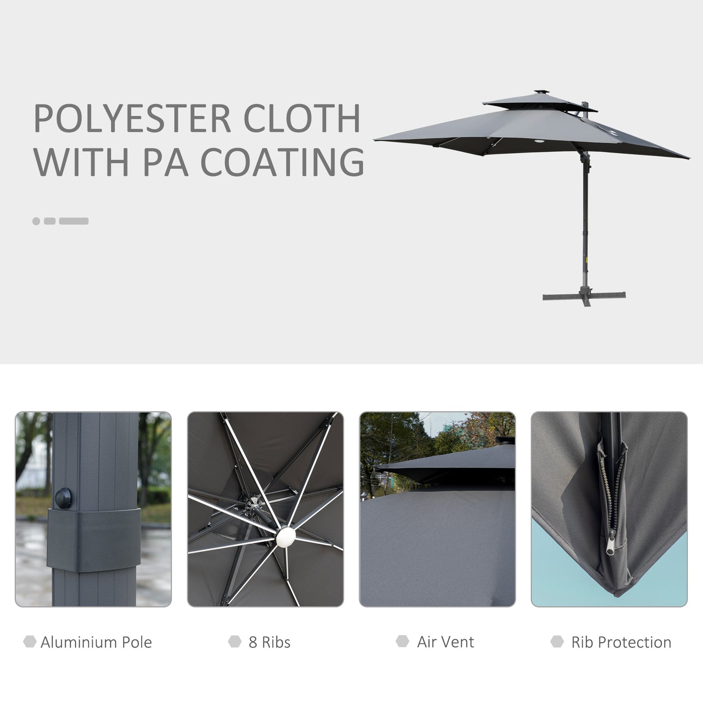 Outsunny 3m Cantilever Parasol with Solar LED Lighting: Tilt and Crank Handle and Cross Base in Grey