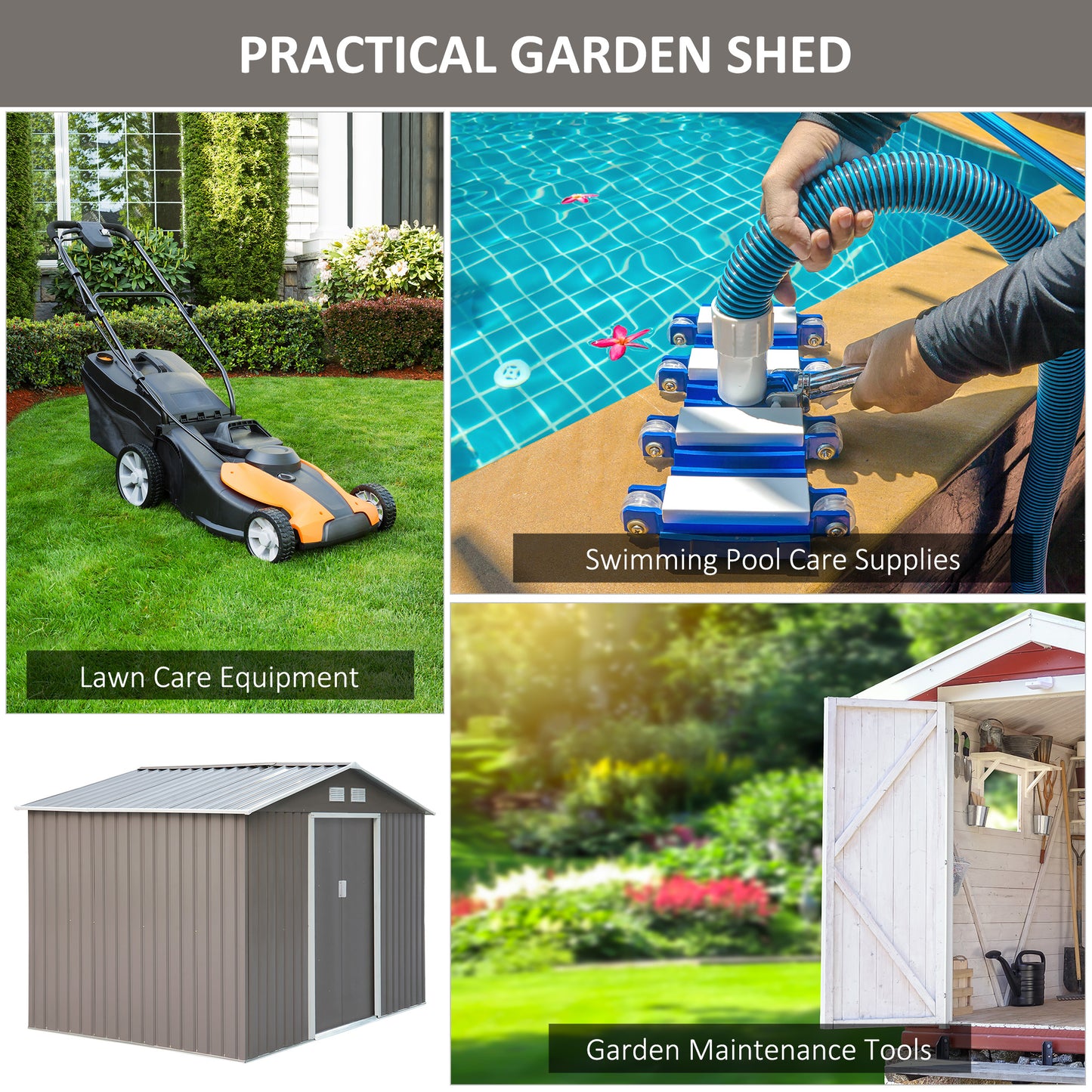 Outsunny 9 x 6 ft Metal Garden Storage Shed with Sloped Roof: Tool House with Foundation, Ventilation, and Double Door in Grey