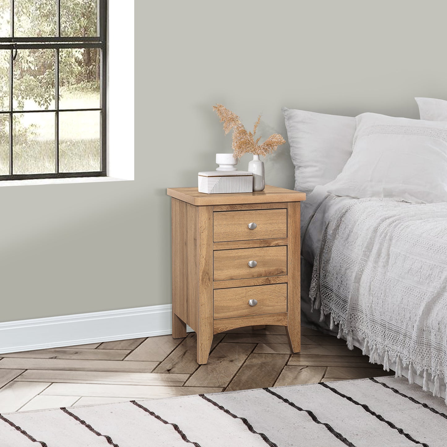 Hampstead 3-Drawer Bedside Table - Classic Oak Finish