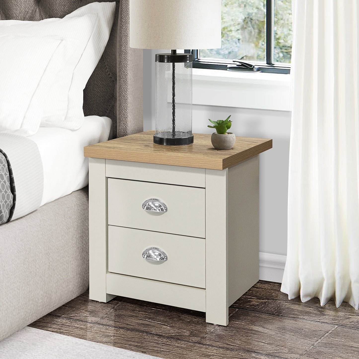 Highgate 2-Drawer Bedside Table - Cream & Oak Finish