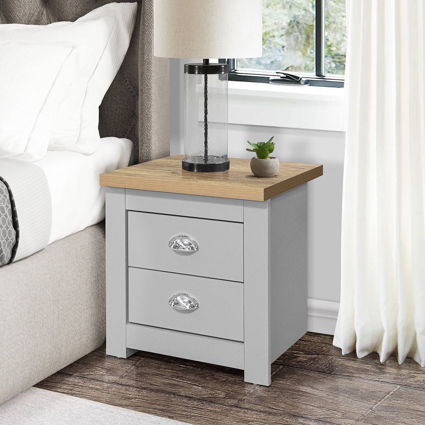 Highgate 2-Drawer Bedside Table - Grey & Oak Finish