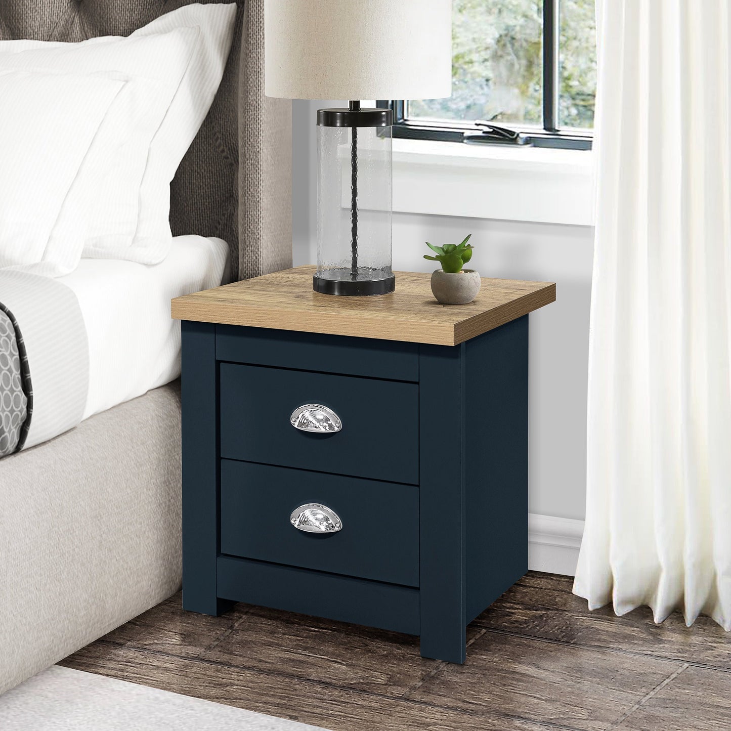 Highgate 2-Drawer Bedside Table - Navy Blue & Oak Finish