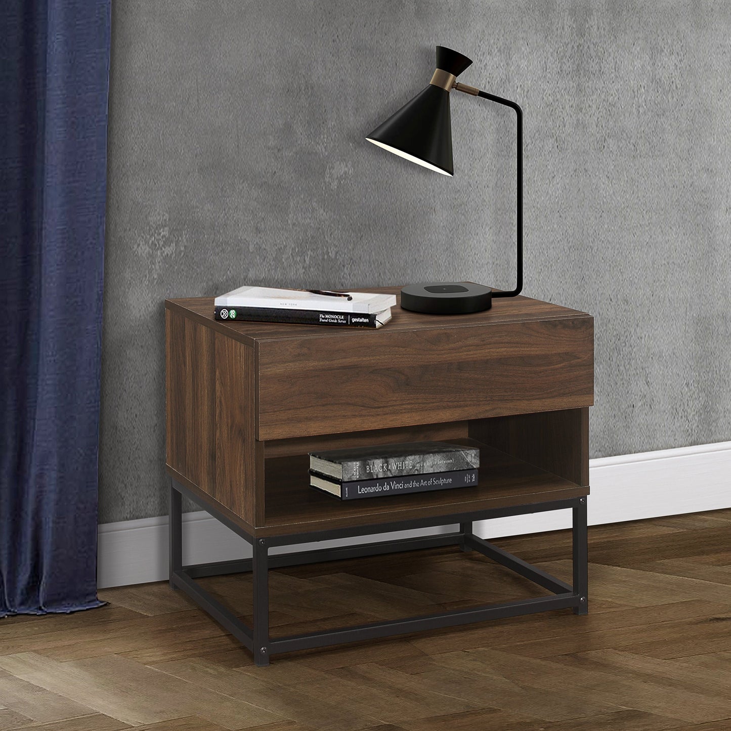 Houston 1-Drawer Bedside Table - Walnut Finish