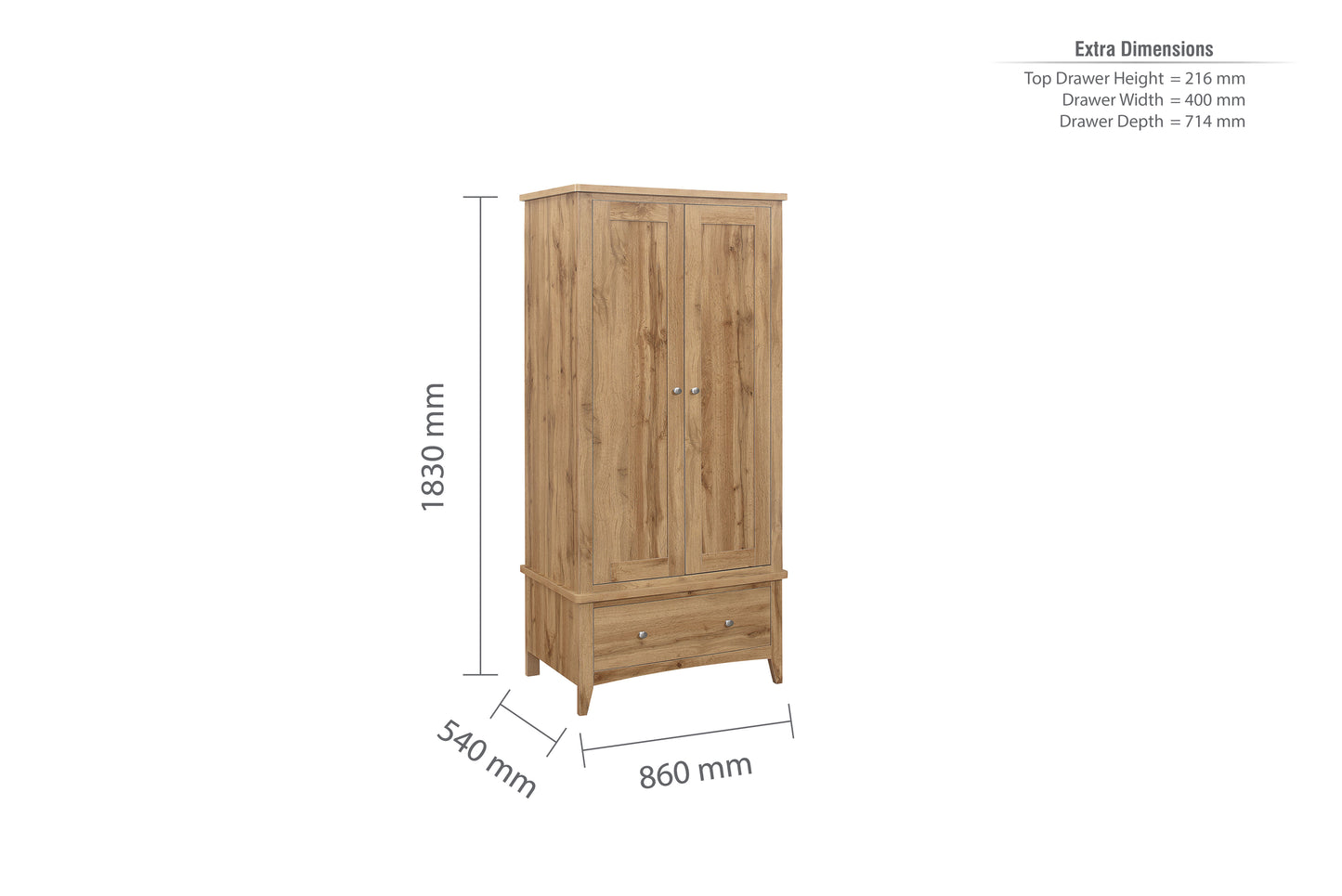 Hampstead 2 Door 1 Drawer Wardrobe in Oak