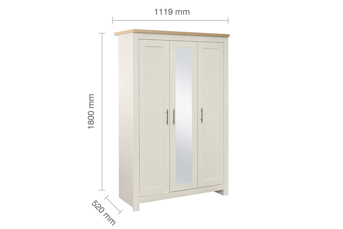 Highgate 3-Door Wardrobe with Mirror - Cream & Oak Finish