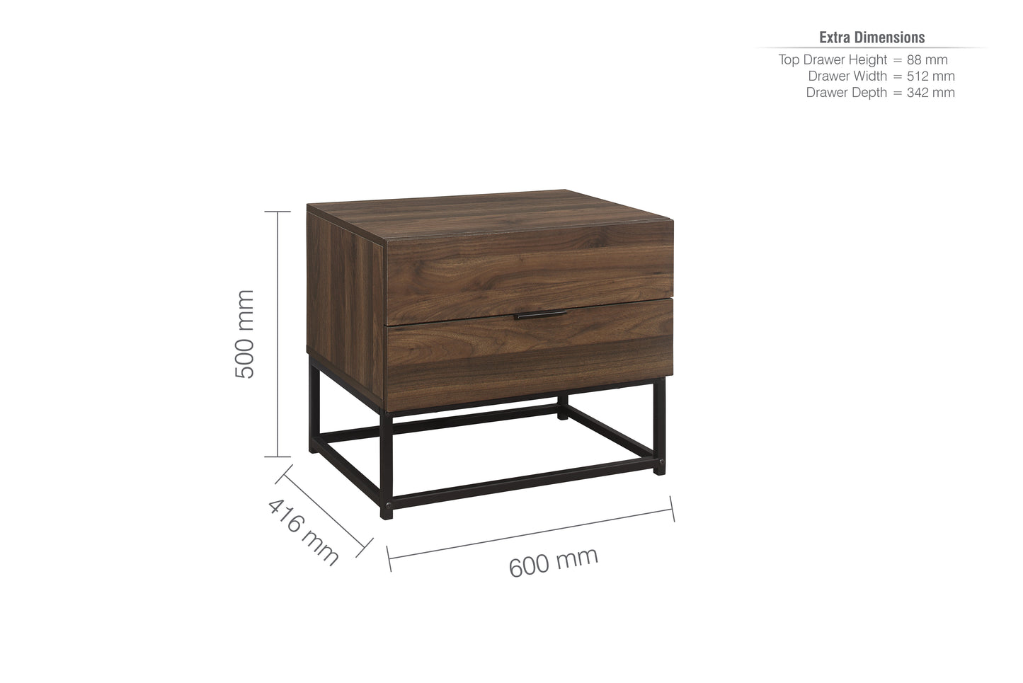 Houston 2-Drawer Bedside Table - Walnut Finish