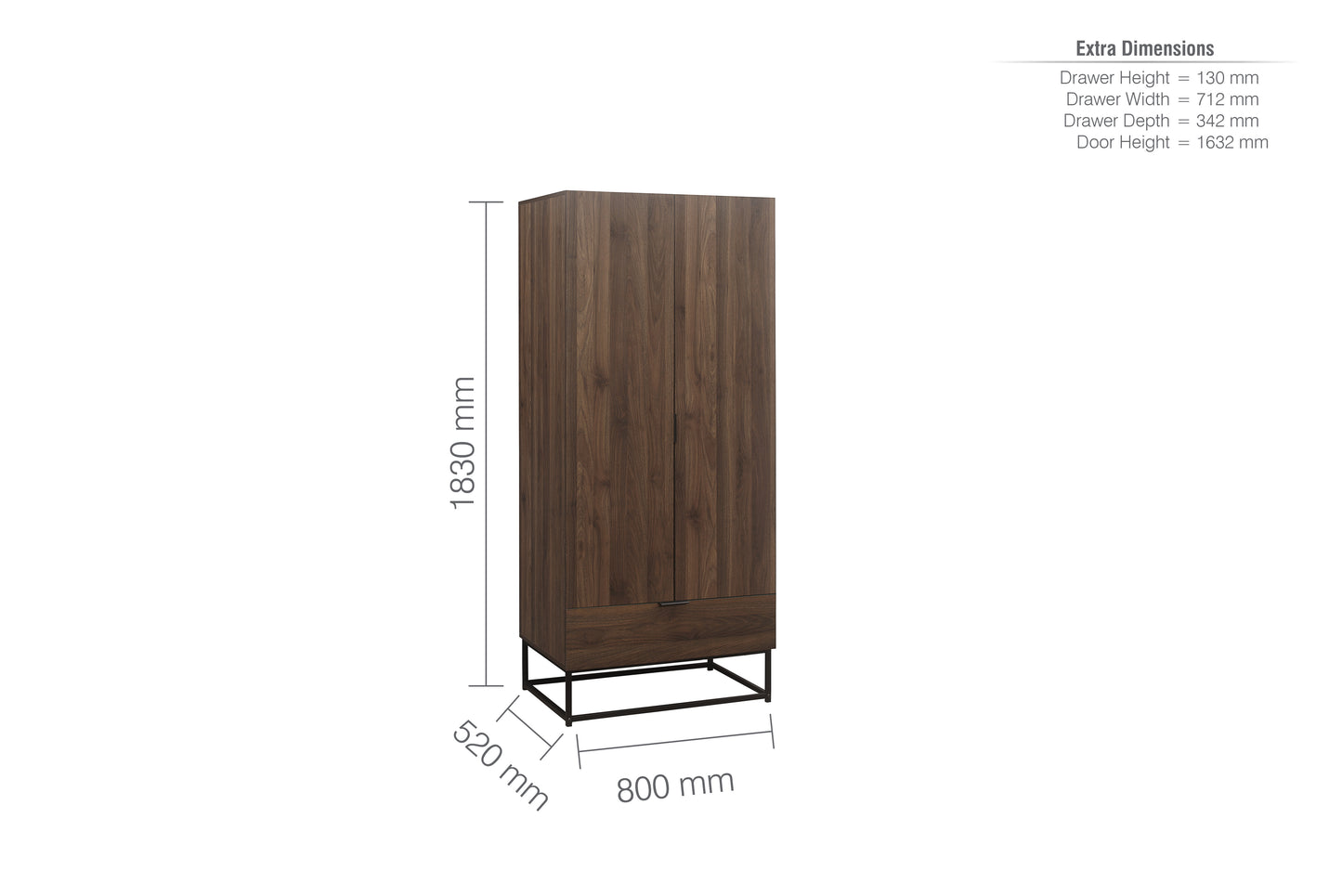 Houston 2-Door 1-Drawer Wardrobe - Walnut Finish