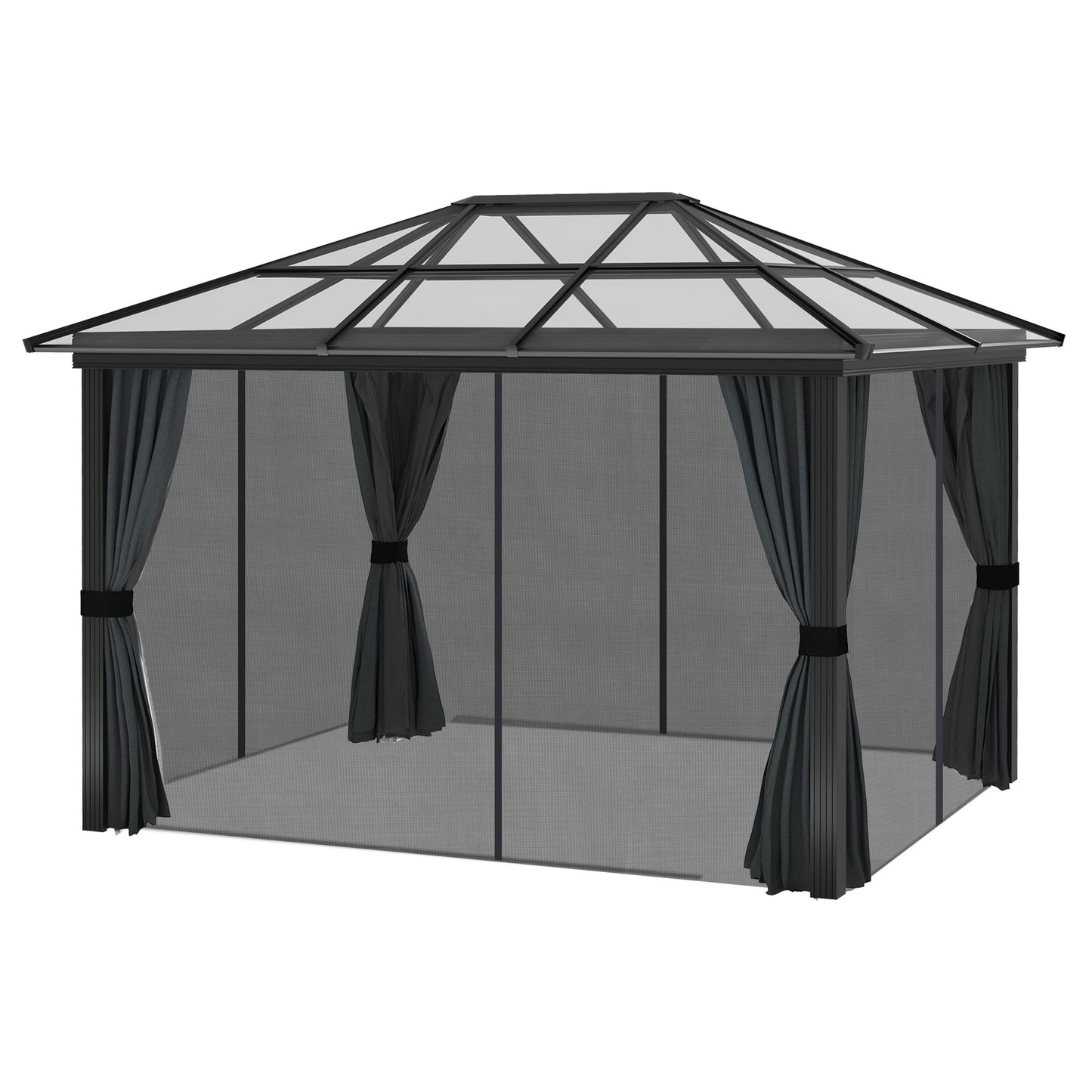 Outsunny 3 x 3.6m Hardtop Gazebo with UV Resistant Polycarbonate Roof and Aluminium Frame: Complete With Netting and Curtains in Grey/Black