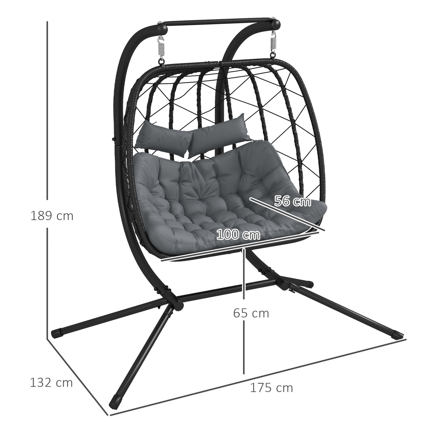 Outsunny Rattan Double Seater Swing Chair: Egg Hanging Chair with Thick Padded Cushion & Headrest in Black