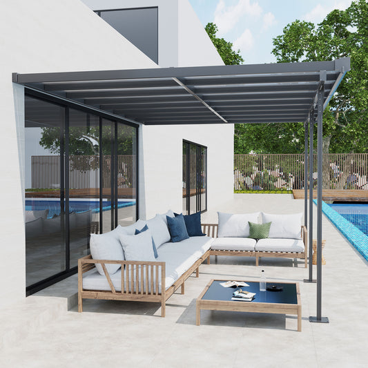 Outsunny 4.35 x 3m Outdoor Wall-Mounted Aluminium Pergola With PC Roof in Grey