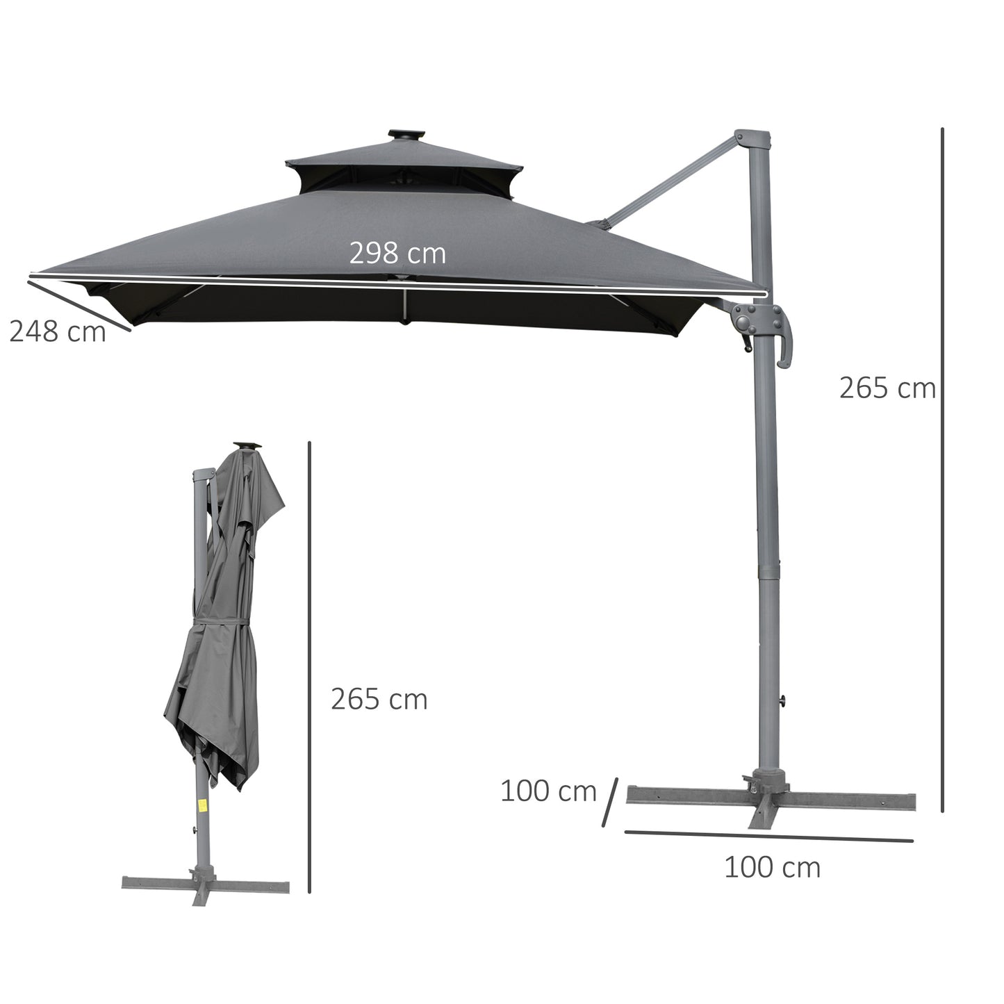 Outsunny 3m Cantilever Parasol with Solar LED Lighting: Tilt and Crank Handle and Cross Base in Grey