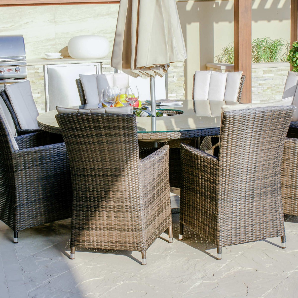 LA 8 Seat Round Ice Bucket Dining Set with Lazy Susan in Brown