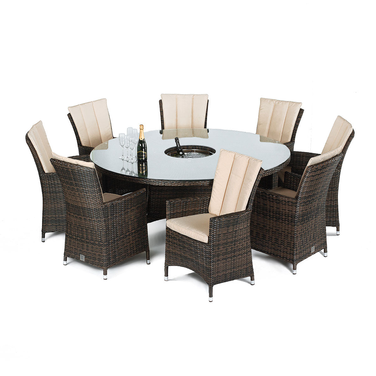 LA 8 Seat Round Ice Bucket Dining Set with Lazy Susan in Brown