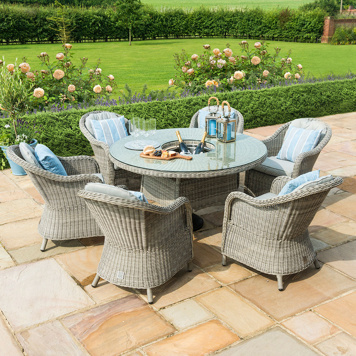 Oxford 6 Seat Round Ice Bucket Dining Set with Heritage Chairs Lazy Susan in Light Grey