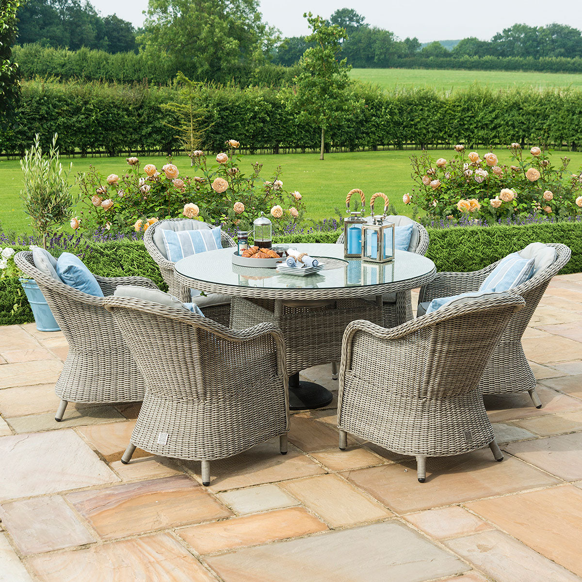 Oxford 6 Seat Round Ice Bucket Dining Set with Heritage Chairs Lazy Susan in Light Grey