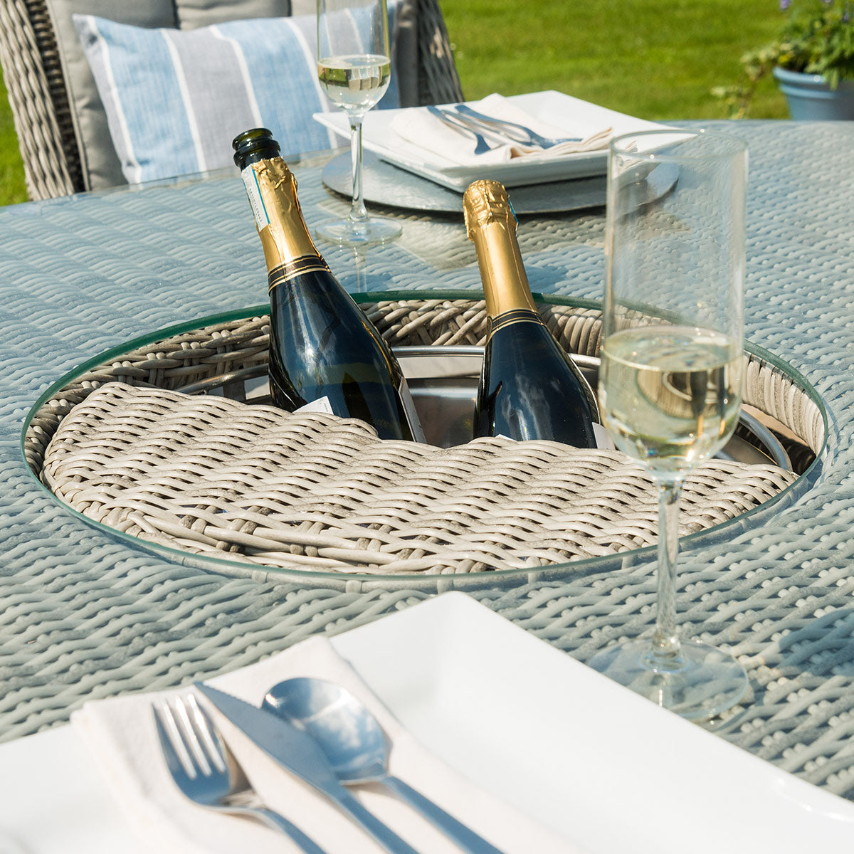 Oxford 6 Seat Round Ice Bucket Dining Set with Heritage Chairs Lazy Susan in Light Grey