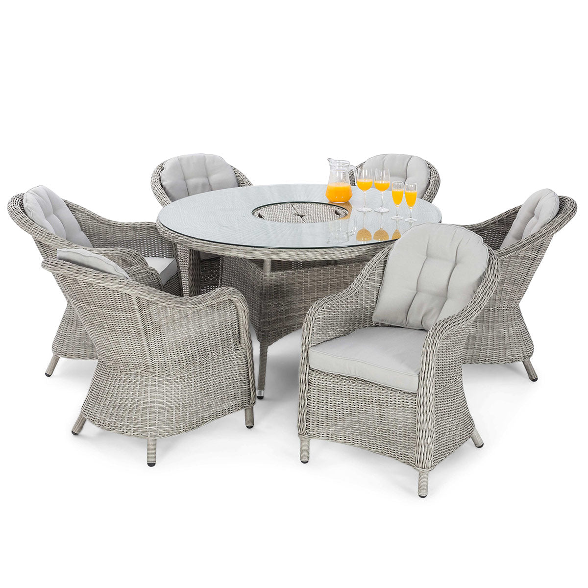 Oxford 6 Seat Round Ice Bucket Dining Set with Heritage Chairs Lazy Susan in Light Grey