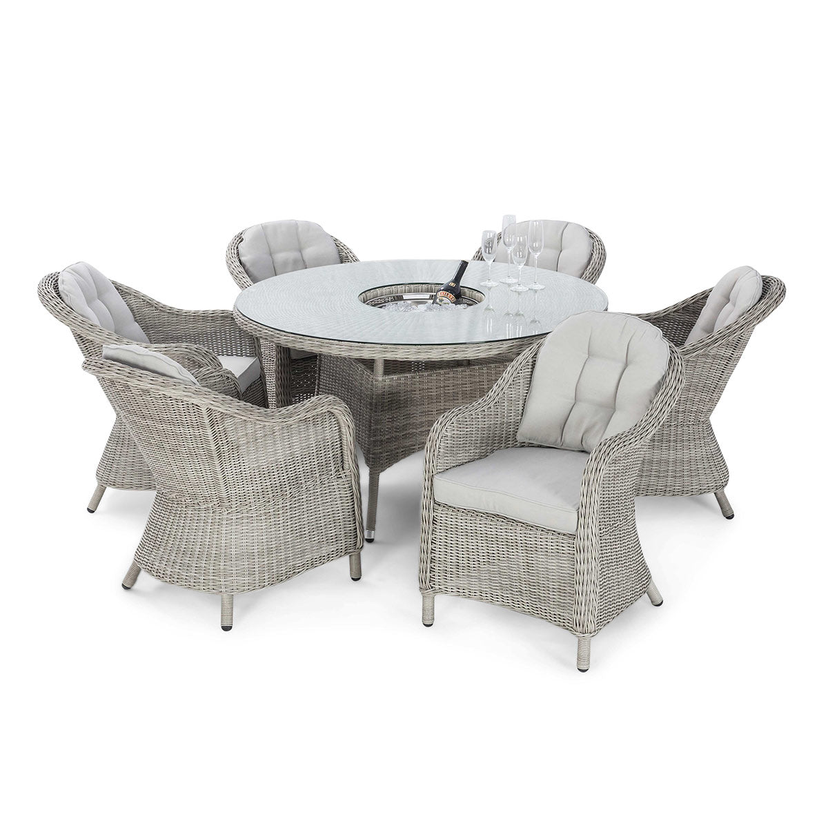 Oxford 6 Seat Round Ice Bucket Dining Set with Heritage Chairs Lazy Susan in Light Grey