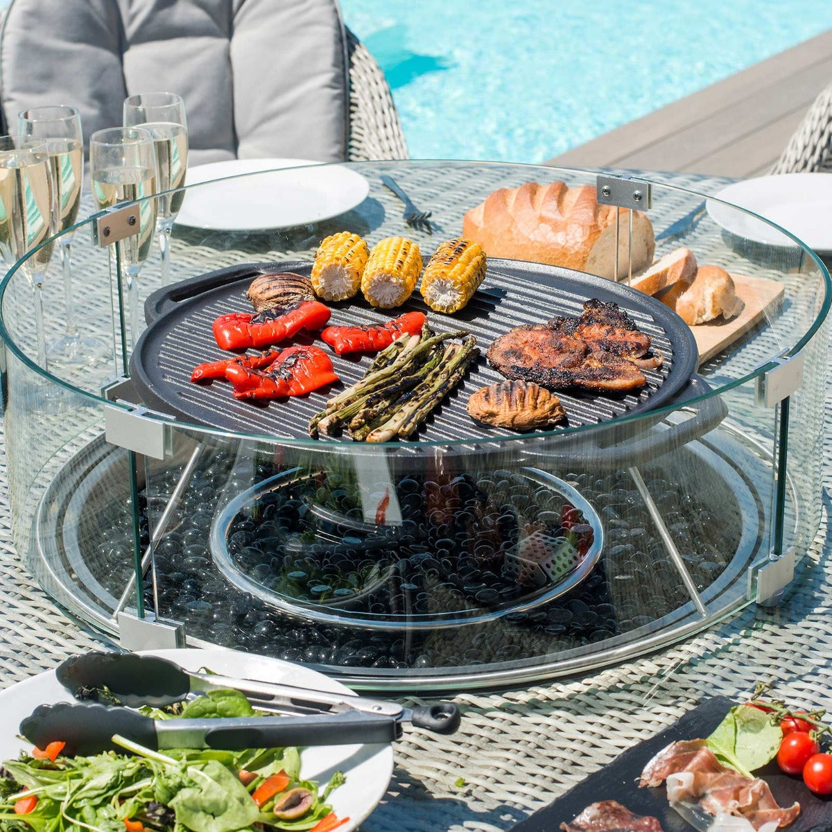 Oxford 6 Seat Round Fire Pit Dining Set with Venice Chairs and Lazy Susan in Light Grey